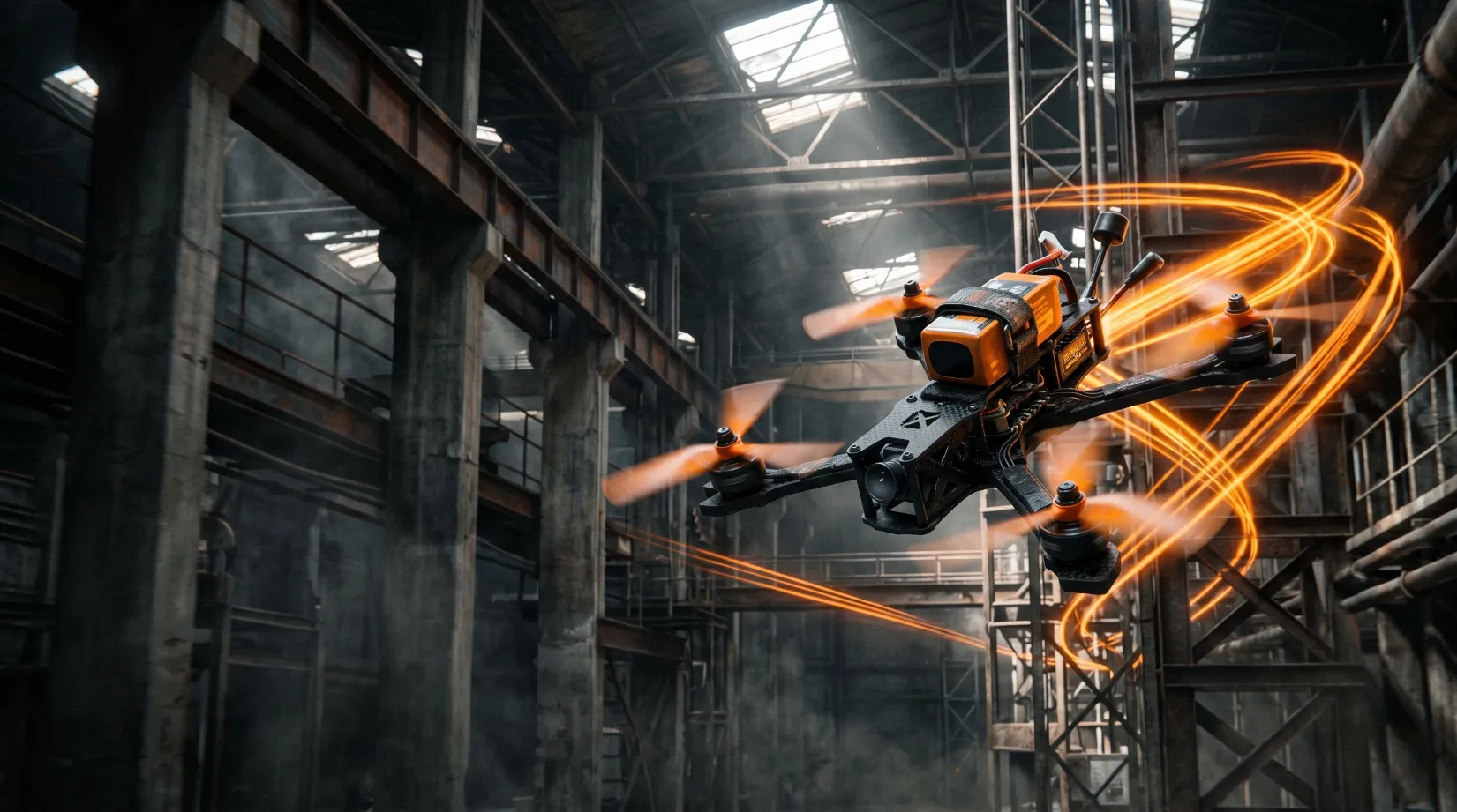 Drone FPV em voo com trilha de luz em galpão industrial