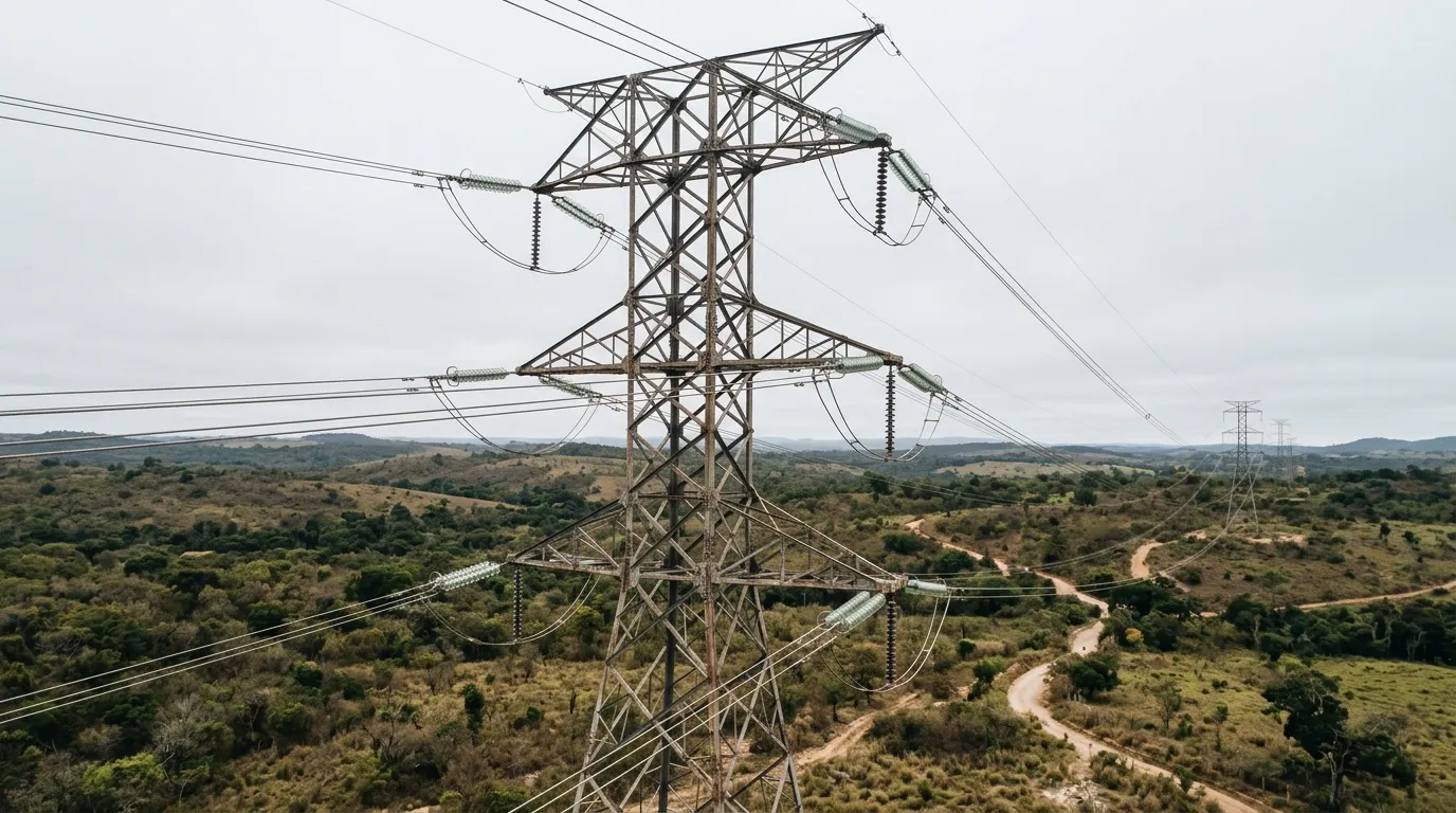 Drone inspecionando torre de transmissão de energia